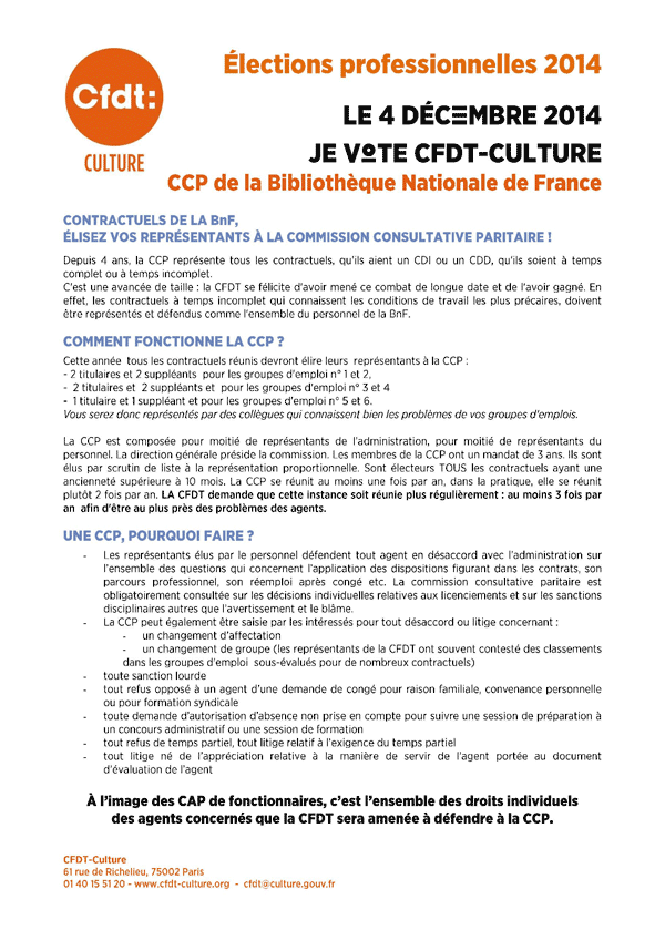 Elections professionelles du 4 décembre 2014 - Profession de foi de la CFDT-Culture  la CCP de la BNF
