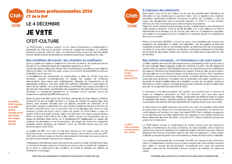Elections professionelles du 4 décembre 2014 - Profession de foi de la CFDT-Culture au CT de la BNF