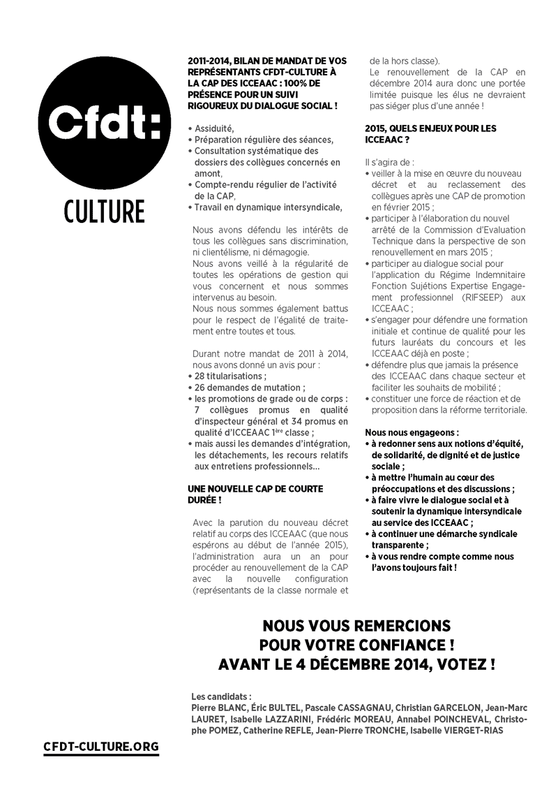 Professsion de foi de la CFDT-Culture pour la CAP des ICCEAAC (Inspecteurs et Conseillers de la Cration, des Enseignements Artistiques et de l'Action Culturelle)