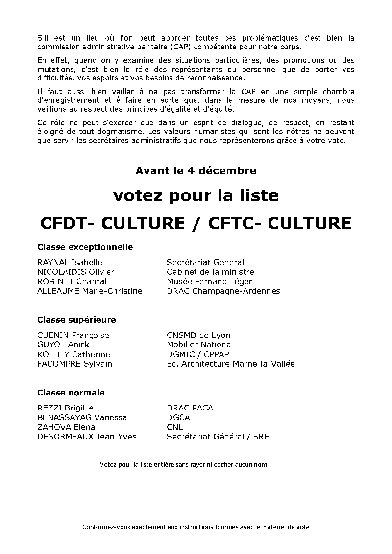 Professsion de foi de la CFDT-Culture pour la CAP des Secrtaires Administratifs