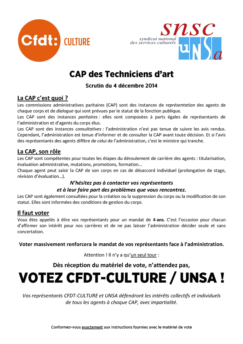 Professsion de foi de la CFDT-Culture pour la CAP des Techniciens d'Art