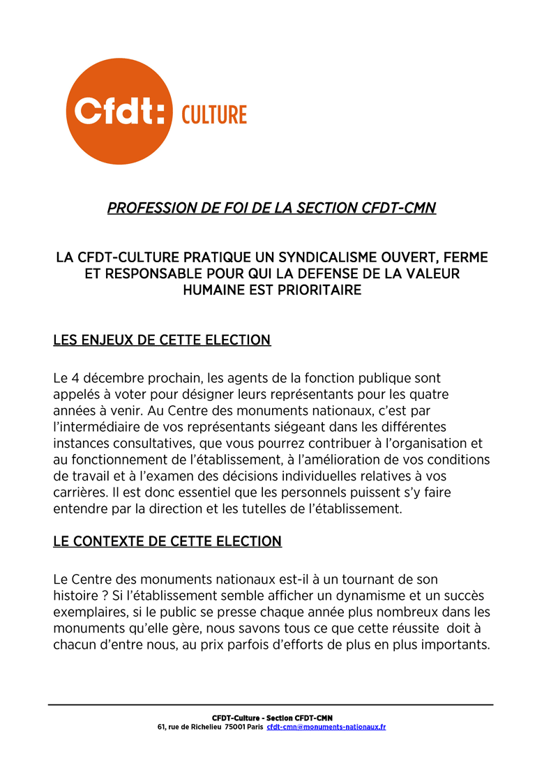 Elections professionelles du 4 décembre 2014 - Prodession de foi de la CFDT-Culture au CT du CMN