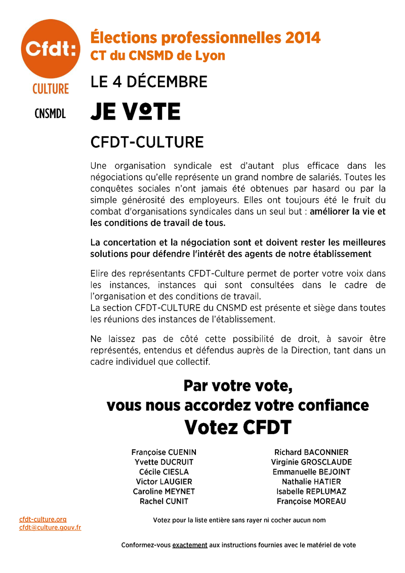 Elections professionelles du 4 décembre 2014 - Prodession de foi de la CFDT-Culture au CT du CNSMDL