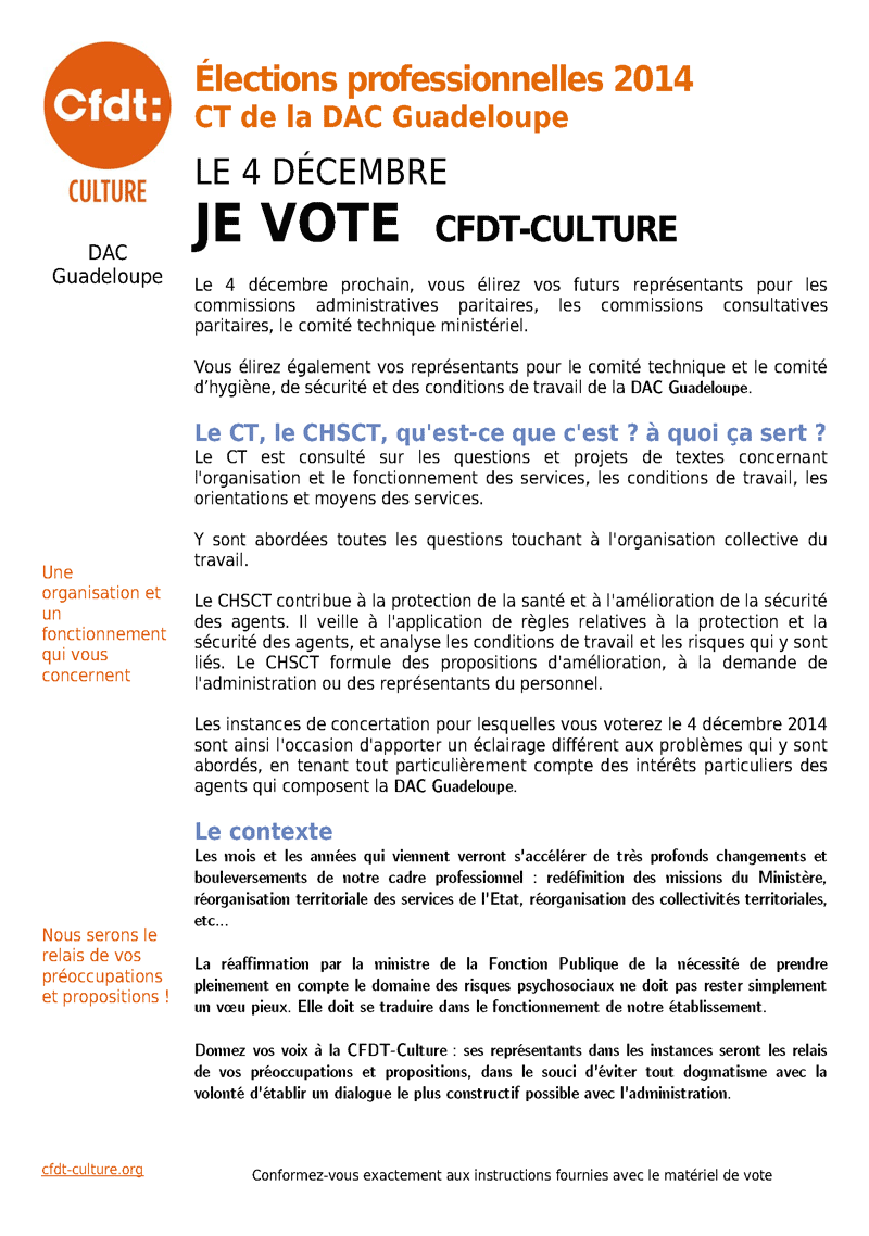 Elections professionelles du 4 décembre 2014 - Prodession de foi de la CFDT-Culture  la DAC Guadeloupe
