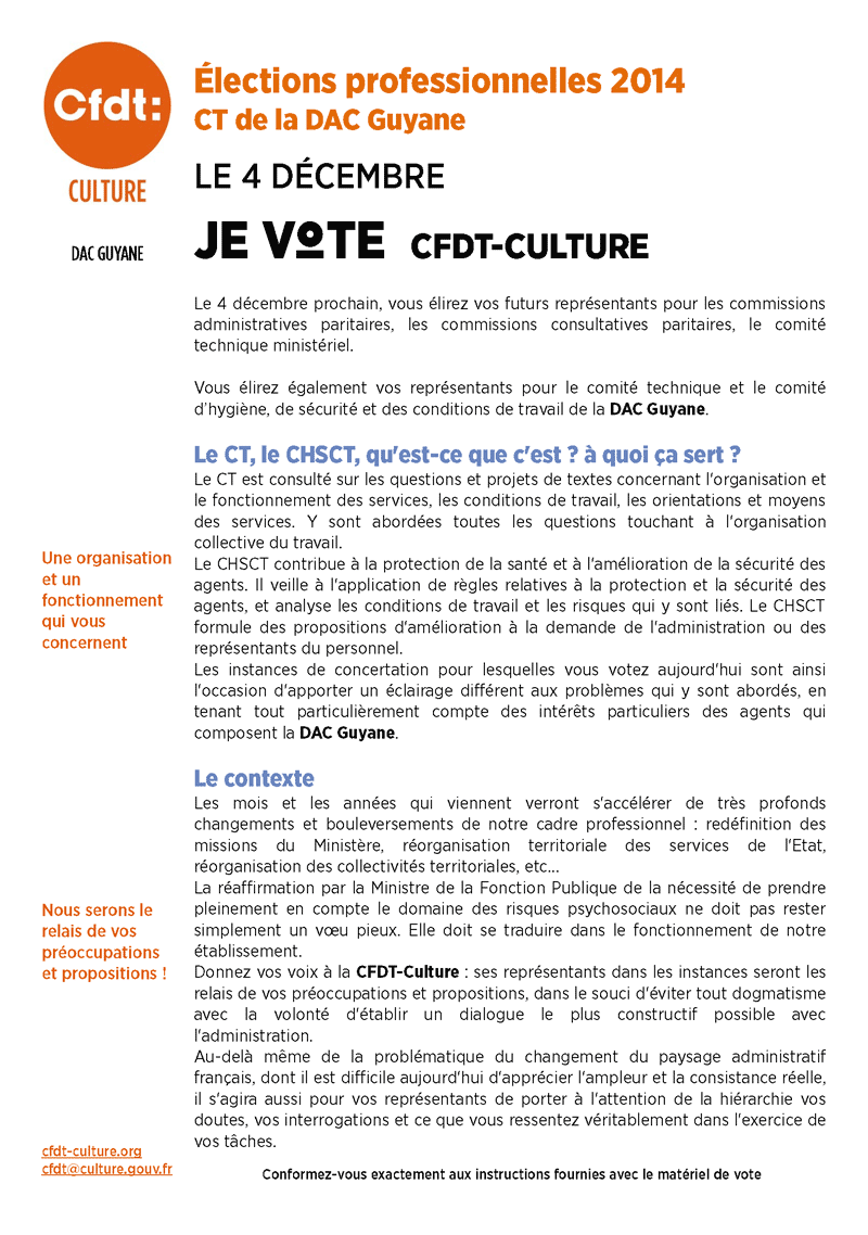 Elections professionelles du 4 décembre 2014 - Prodession de foi de la CFDT-Culture au CT de la DAC Guyane