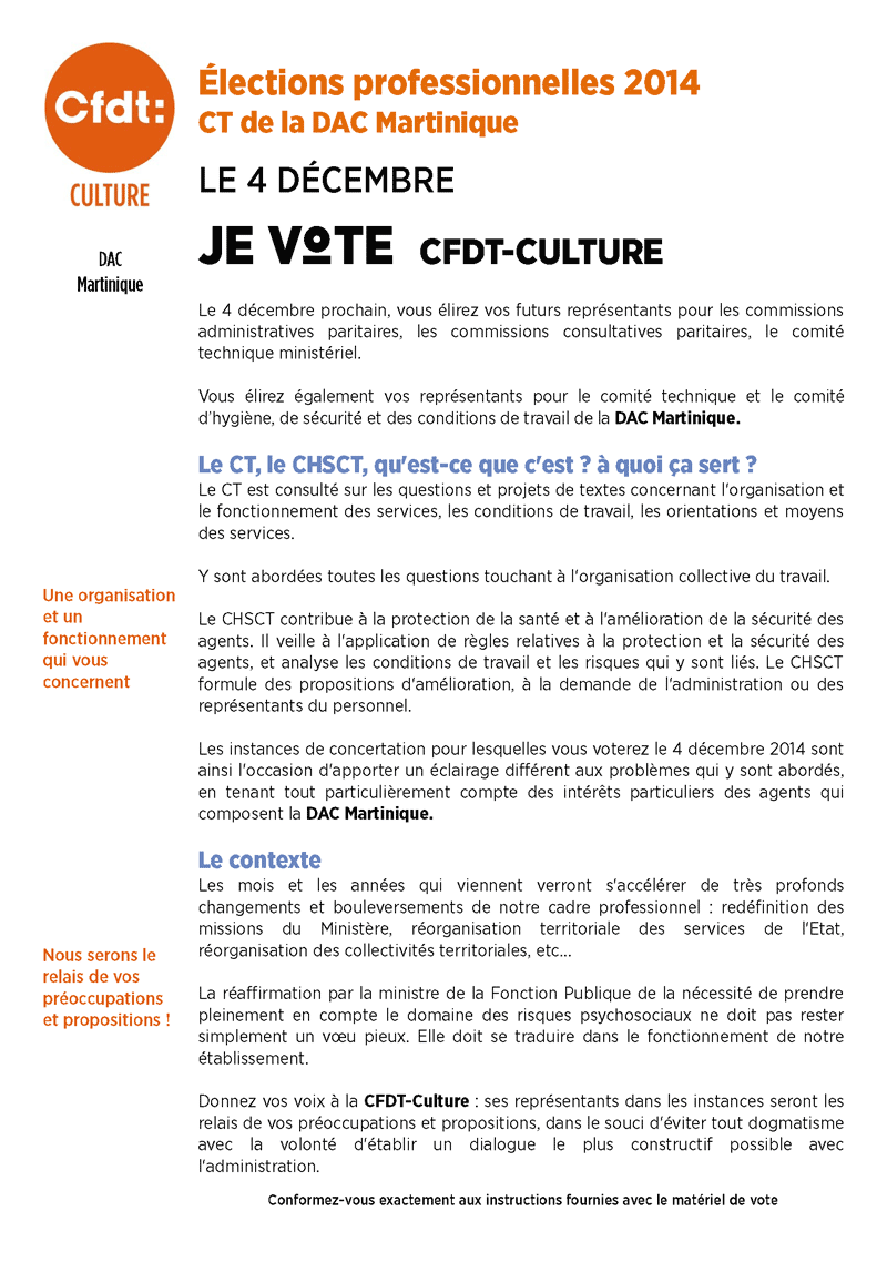 Elections professionelles du 4 décembre 2014 - Prodession de foi de la CFDT-Culture au CT de la DAC Martinique