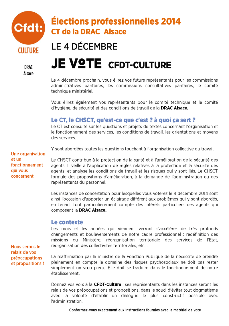 Elections professionelles du 4 décembre 2014 - Prodession de foi de la CFDT-Culture au CT de la DRAC Alsace