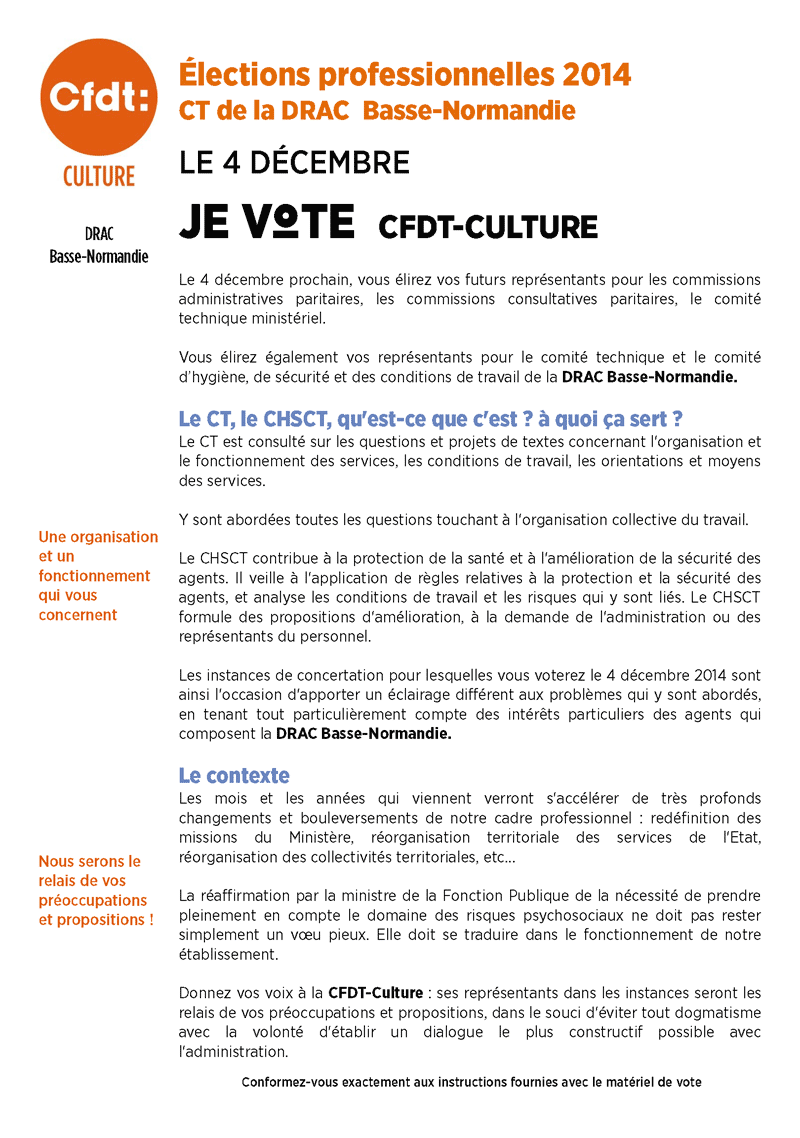 Elections professionelles du 4 décembre 2014 - Prodession de foi de la CFDT-Culture au CT de la DRAC Basse-Normandie