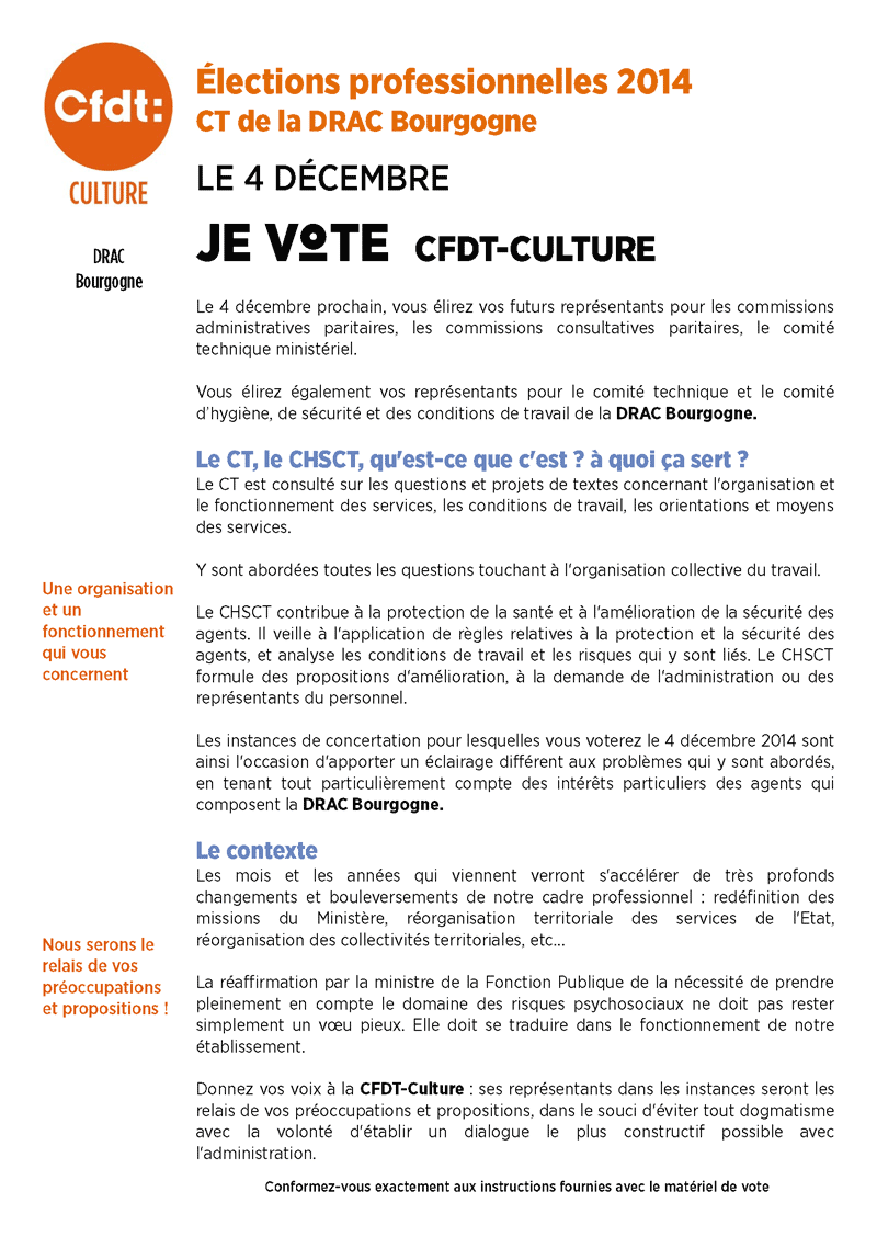 Elections professionelles du 4 décembre 2014 - Prodession de foi de la CFDT-Culture au CT de la DRAC Bourgogne