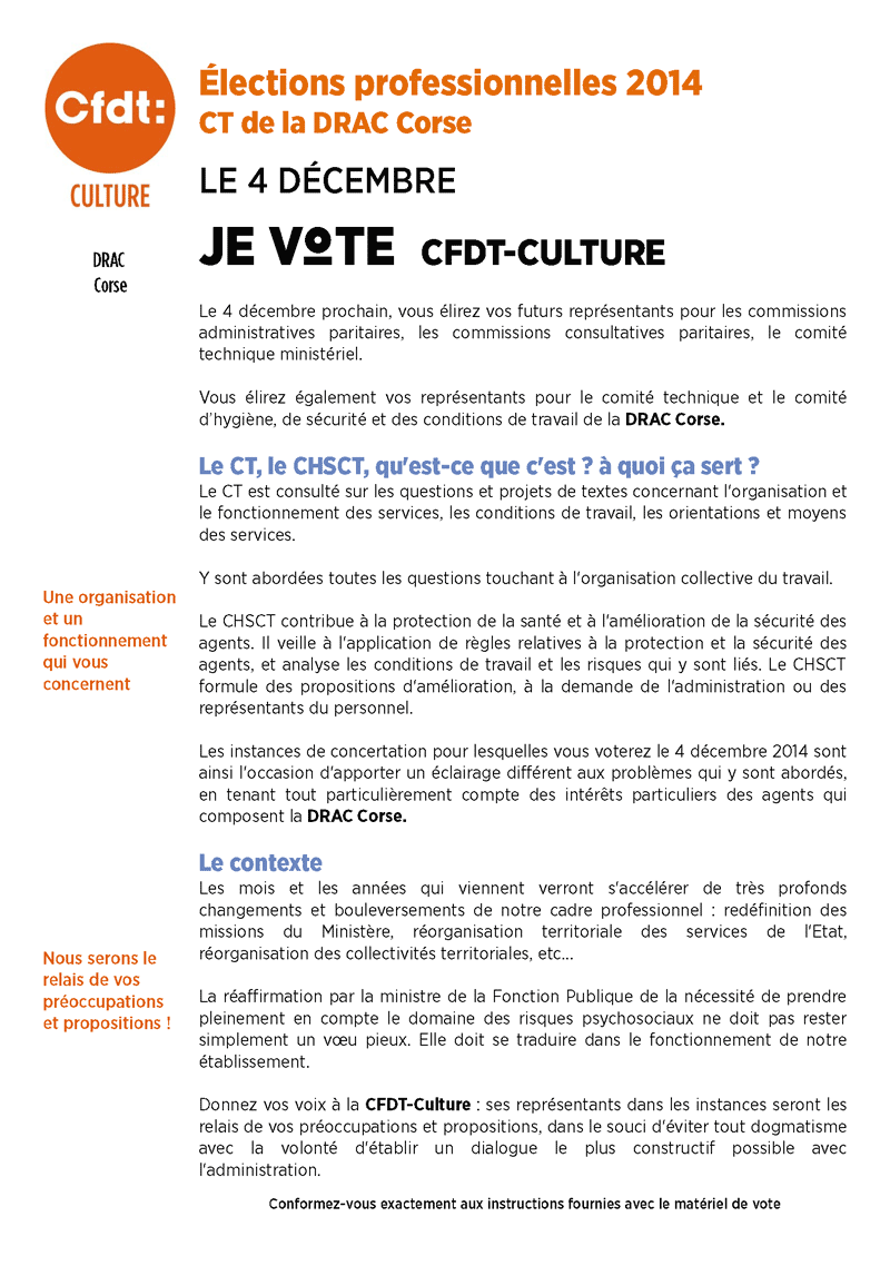 Elections professionelles du 4 décembre 2014 - Prodession de foi de la CFDT-Culture au CT de la DRAC Corse