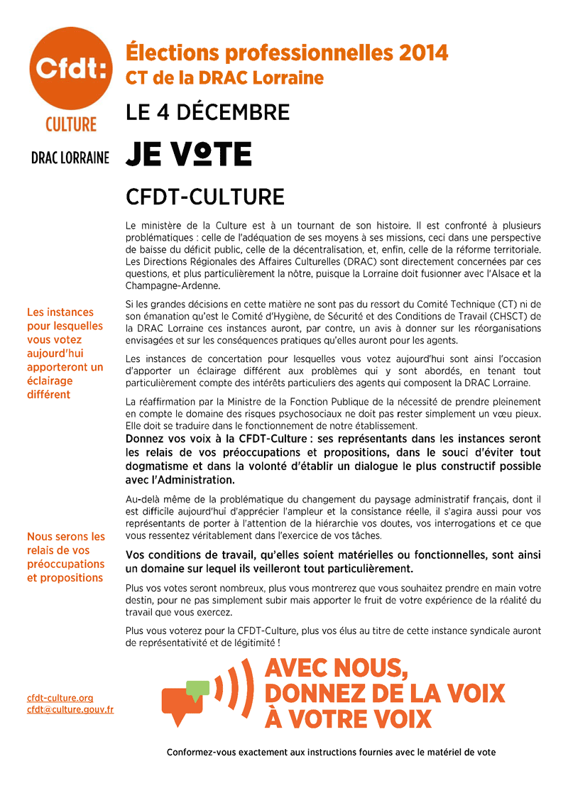 Elections professionelles du 4 décembre 2014 - Prodession de foi de la CFDT-Culture au CT de la DRAC Lorraine