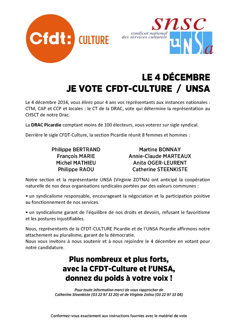 Elections professionelles du 4 décembre 2014 - Prodession de foi de la CFDT-Culture au CT de la DRAC Picardie