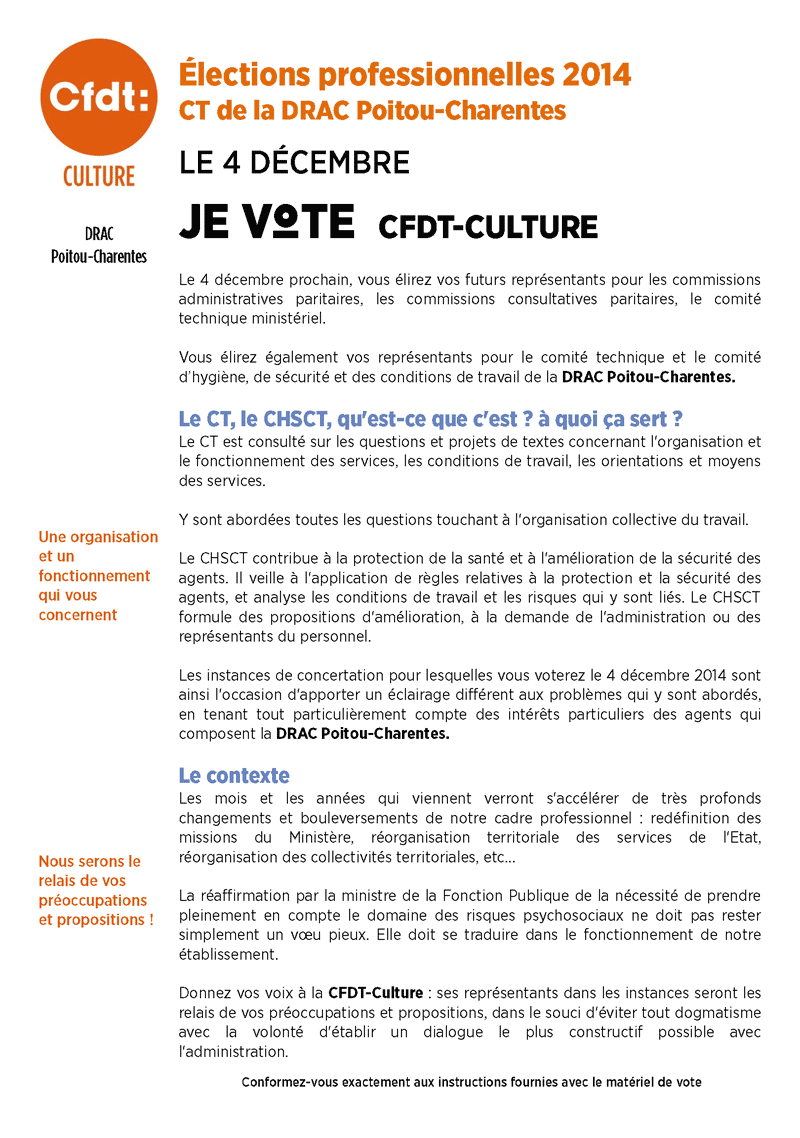Elections professionelles du 4 décembre 2014 - Prodession de foi de la CFDT-Culture au CT de la DRAC Poitou-Charentes