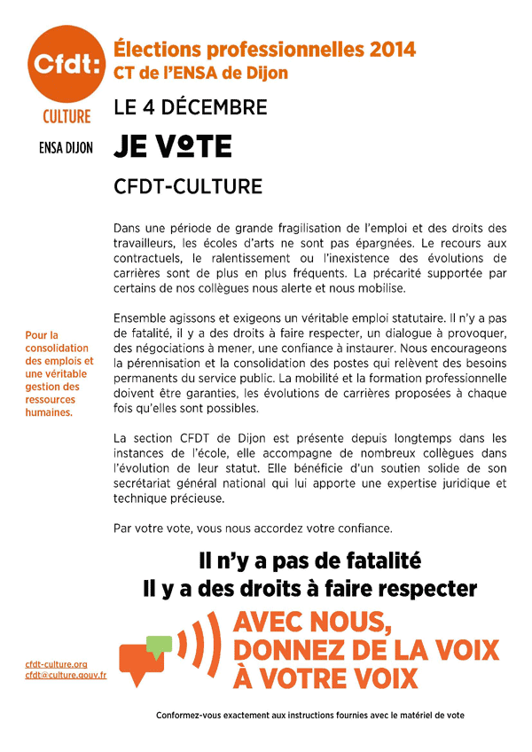 Profession de foi de la CFDT-Culture à l'Ecole nationale supérieure d'art de Dijon