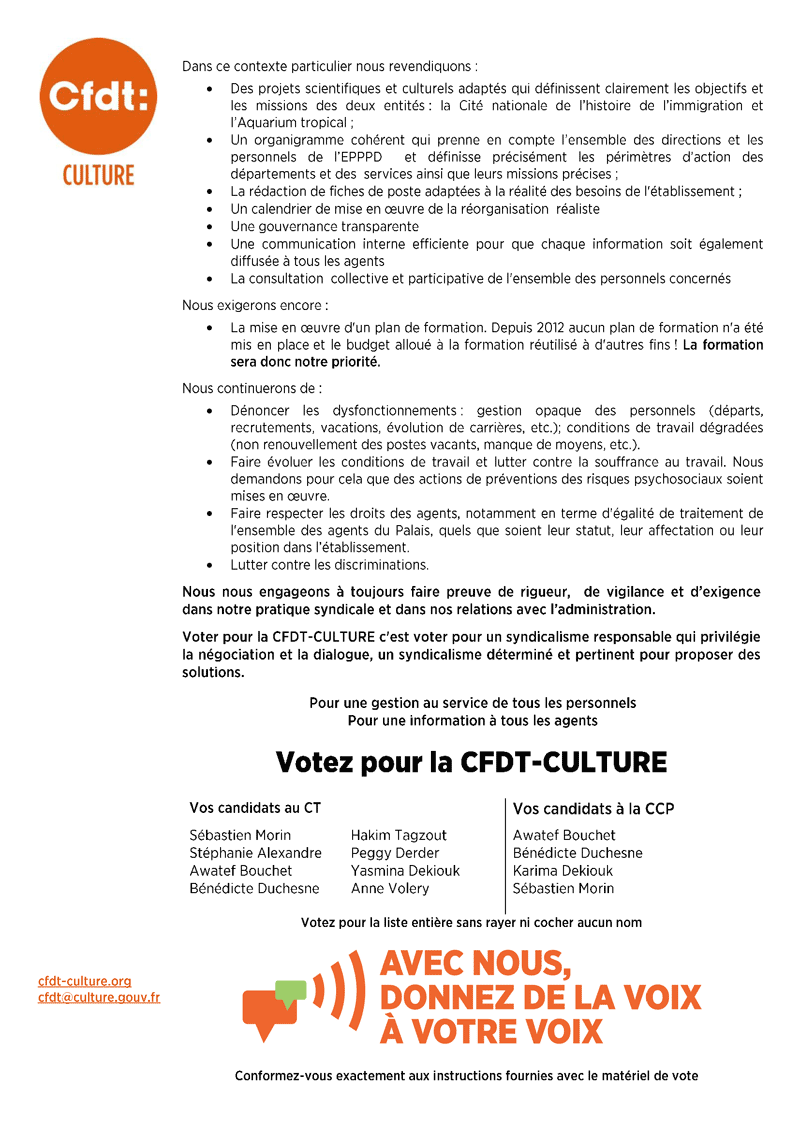 Professsion de foi de la CFDT-Culture pour le CT et la CCP de l'Etablissement Public du Palais de la Porte Dore (EPPPD)