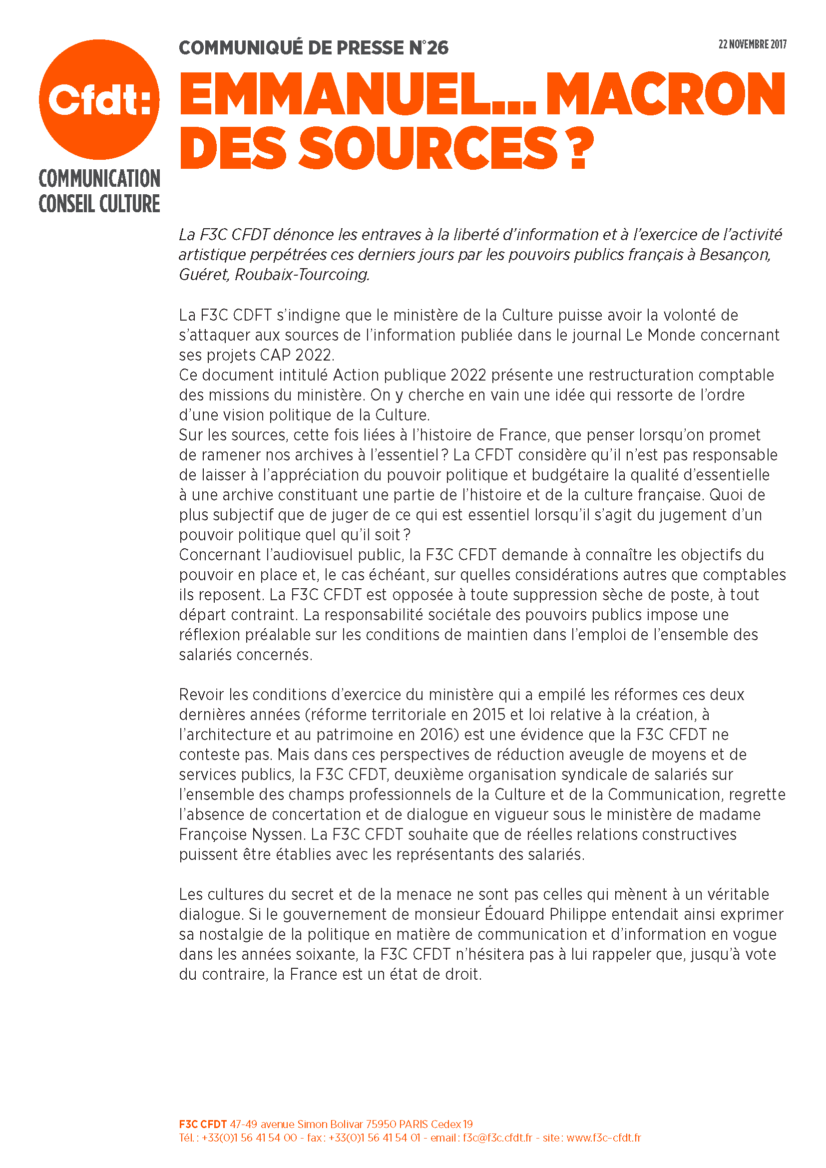 F3C CFDT - Emmanuel...Macron des sources ? Communiqué de presse 
