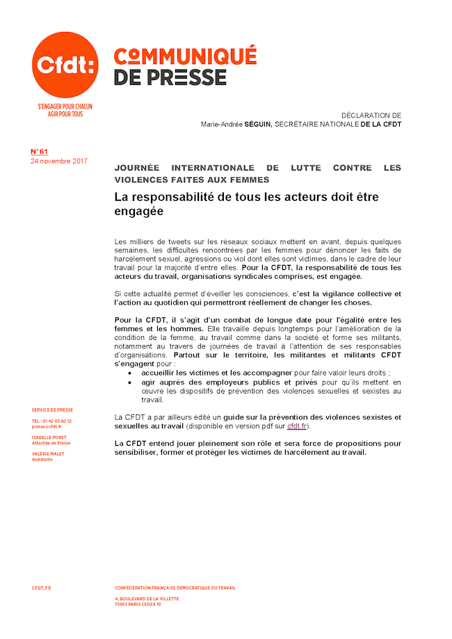 CFDT - Journée nationale de lutte contre les violences faites aux femmes