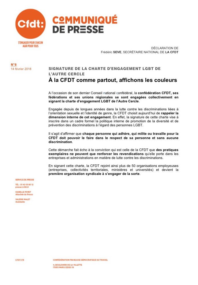 CFDT - Communiqué de presse Charte d'engagement Autre Cercle LGBT