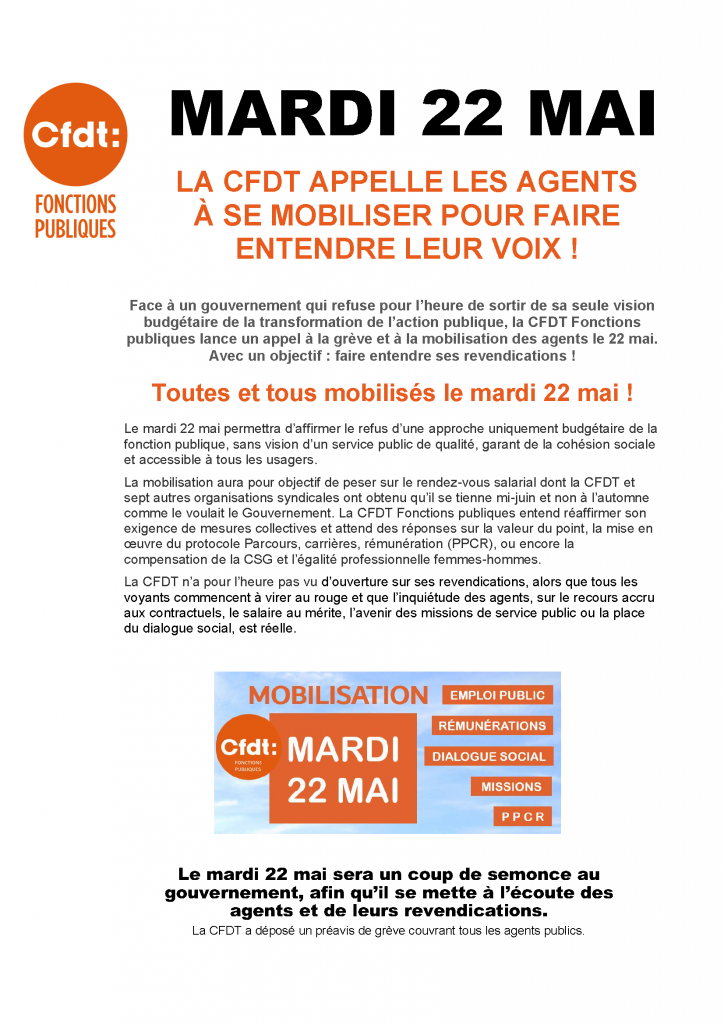 Appel CFDT à la mobilisation du 22 mai 2018