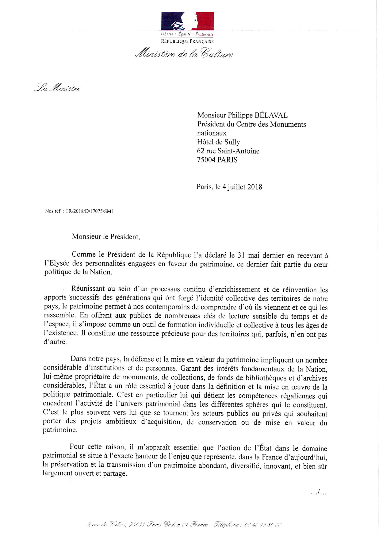 Lettre de mission adressée par Françoise Nyssen à Philippe Bélaval page 1